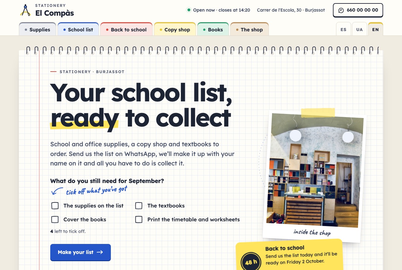 Stationery shop home page: a notebook page with the school list and a taped photo