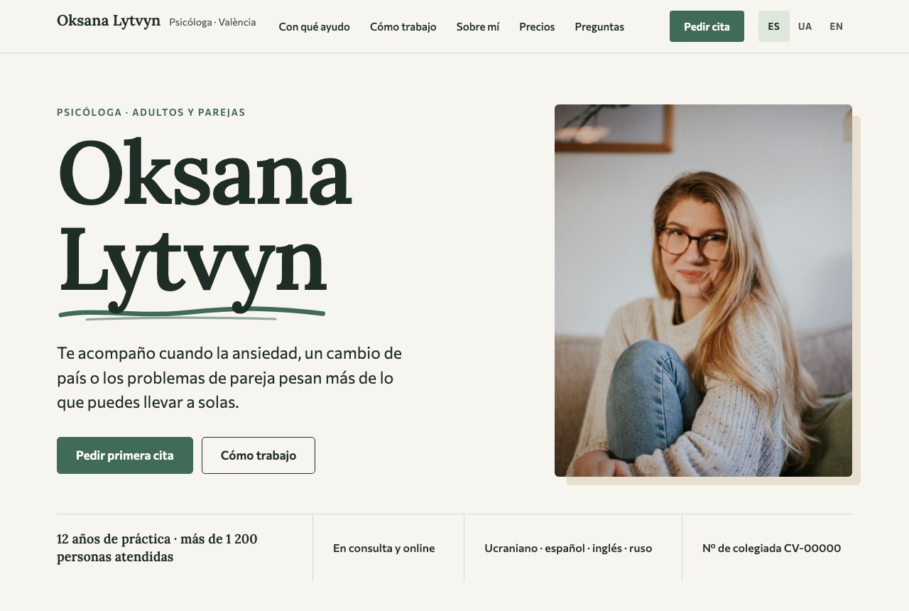 Web de una psicóloga: su nombre en grande, su foto y los temas con los que ayuda