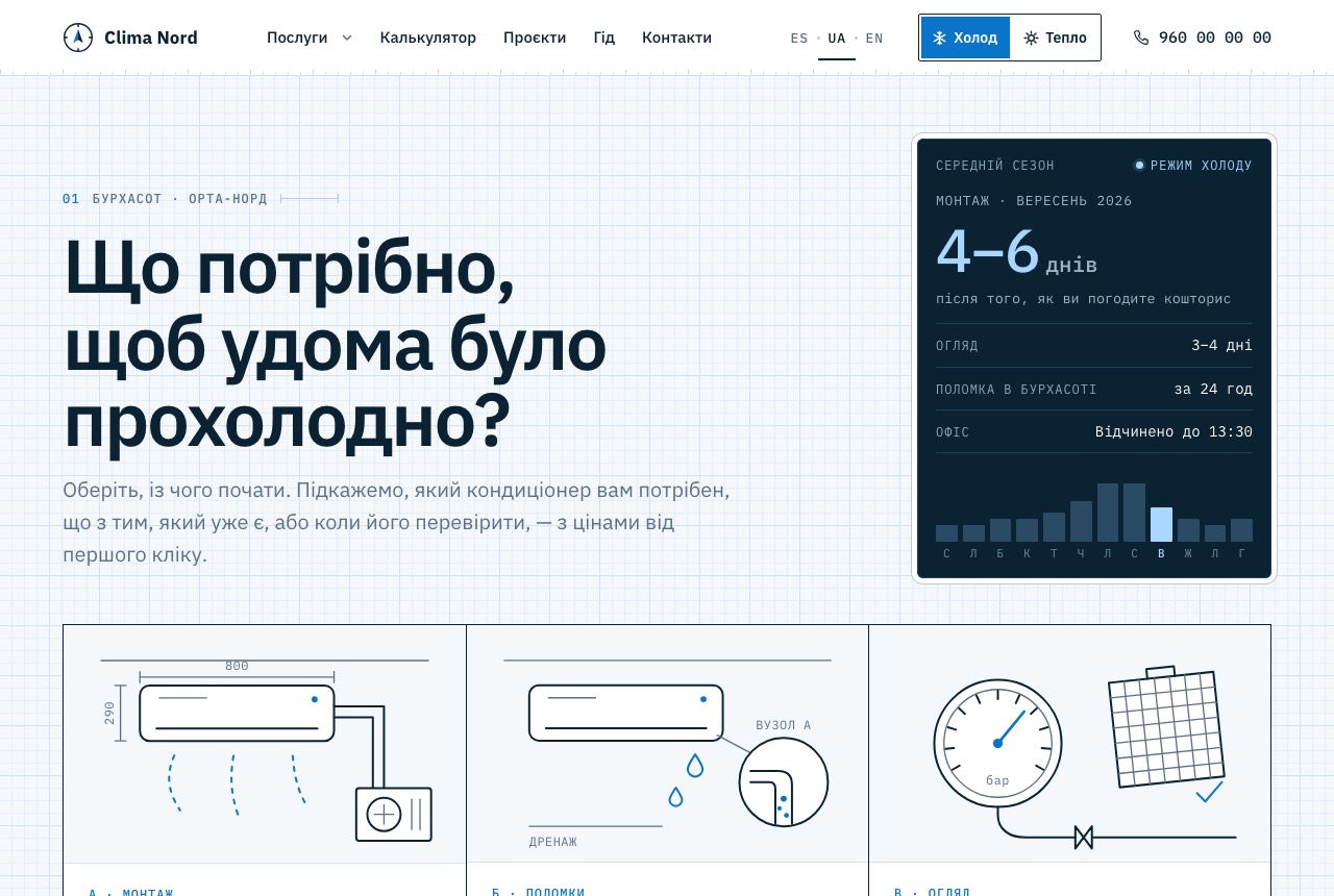 Головна сторінка сайту кліматичної техніки: три варіанти, намальовані як креслення, і табло сезону