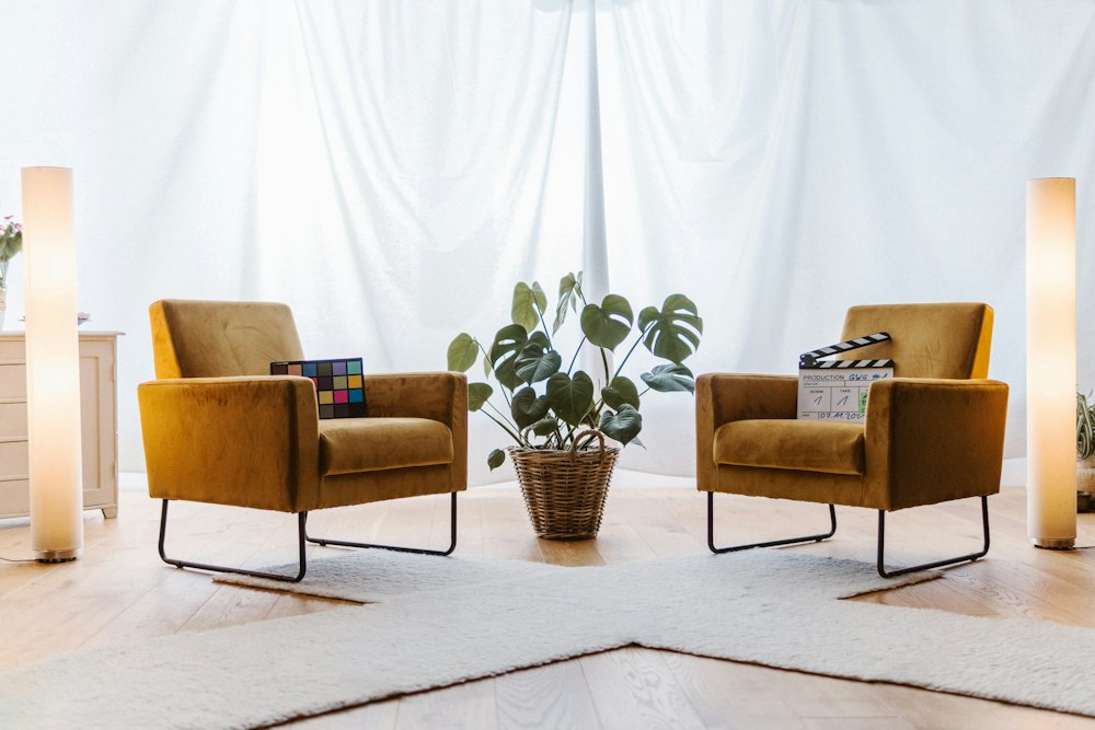 Sala de consulta con dos sillones amarillos, una planta y cortinas claras