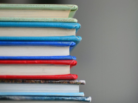 A stack of books with colourful covers, seen from the side