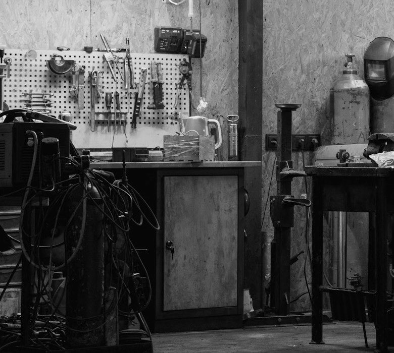 Workbench with tools hung on the pegboard
